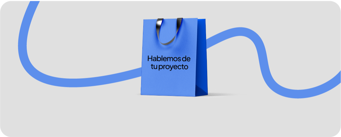 Una bolsa de compras azul que dice Hablemos de tu proyecto, atrás hay una línea curva azul